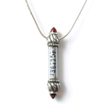 Vertical Mezuzah Pendant Necklace Silver Garnets Shema scroll on Snake Chain 1mm