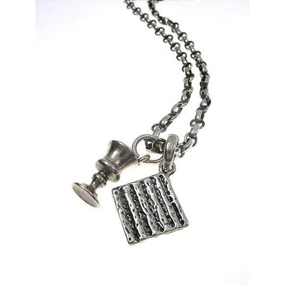 Passover Sabbath Matzo Kiddush Pendant Necklace Silver on Antique Rolo Chain