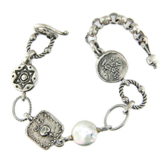 Ancient Coins Adjustable Bracelet Silver Pearls