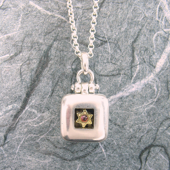 Star Of David Square Locket Sterling Silver Garnet