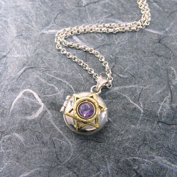 Star Of David Locket Sterling Silver and 14K Gold Amethyst