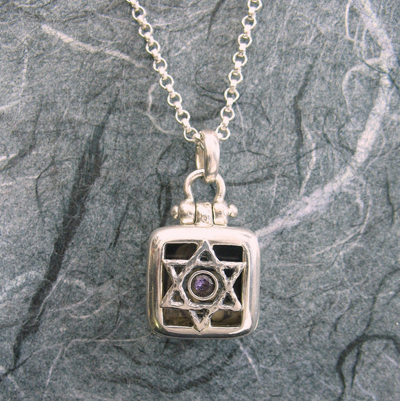 Star Of David Square Locket Sterling Silver Amethyst