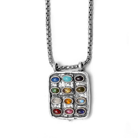 Hoshen 12 Tribes Aaron High Priest Breastplate Pendant Necklace Silver Semi-precious Stones on Rounded Box Chan