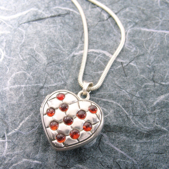 Victorian Quilted Heart Locket Sterling Silver Garnets