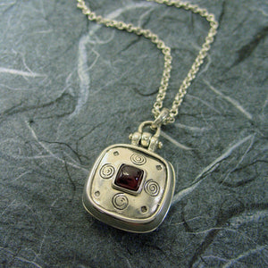 Rounded Square Locket Sterling Silver Garnet