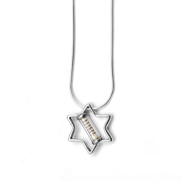 Star of David Mezuzah Pendant Necklace Silver Shema scroll on Snake Chain 1mm