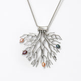 Coral Inspired Tree Of Life Pendant Necklace Silver Pearls Snake Chain 1.6mm