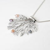 Coral Inspired Tree Of Life Pendant Necklace Silver Pearls Snake Chain 1.6mm