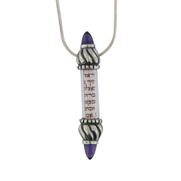 Vertical Mezuzah Pendant Necklace Silver Garnets Shema scroll on Snake Chain 1mm