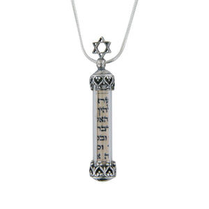 Vertical Mezuzah Pendant Necklace Silver Star of David Shema scroll on Snake Chain 1mm