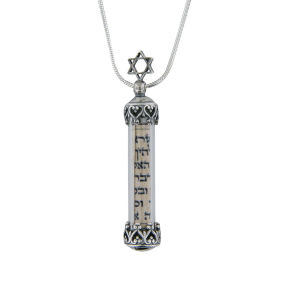 Vertical Mezuzah Pendant Necklace Silver Star of David Shema scroll on Snake Chain 1mm