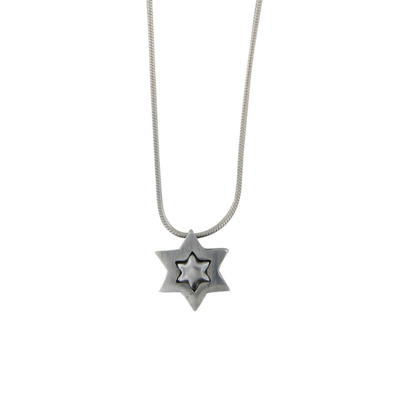Clean Contemporary Star of David Embeded Pendant Necklace Silver Snake Chain 1mm