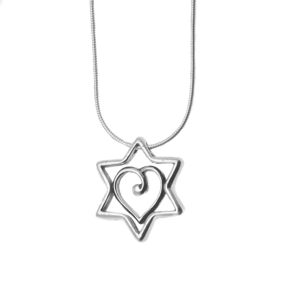 Star of David and Heart Pendant Necklace Silver on Snake Chain 1mm Bat-Mitzvah