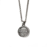 Menorah Round Frame Pendant Necklace Silver Rolo Chain