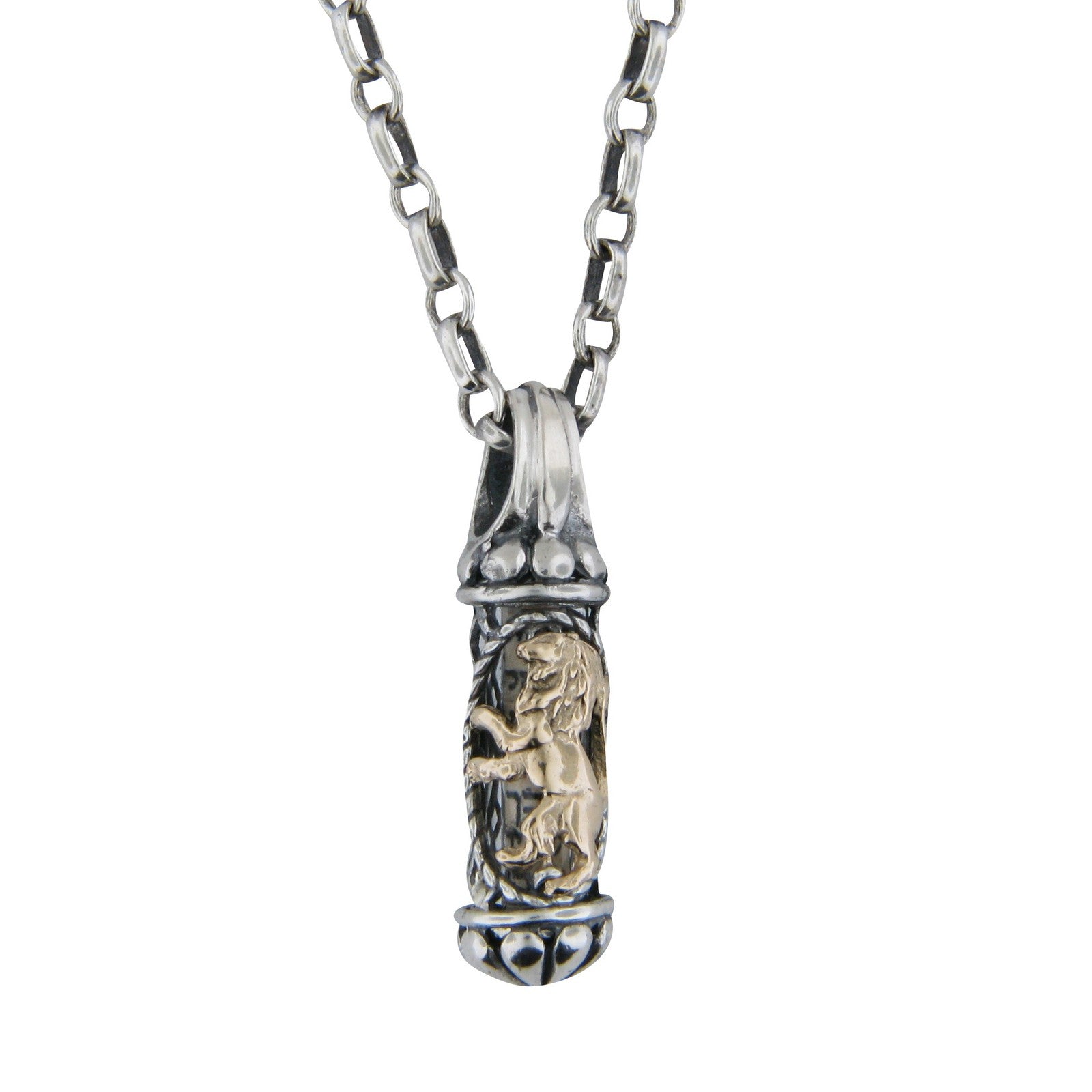 Lion Of Judah Mezuzah Pendant Necklace Silver 14K gold Rolo Chain