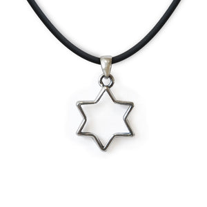 Open Modern Star of David Pendant Necklace Silver Leather Cord Bar-Mitzvah Boys, Teens