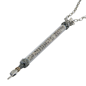 Pointer Yad Mezuzah Pendant Necklace Silver 14k gold Long Shema scroll on Antique Rolo Chain