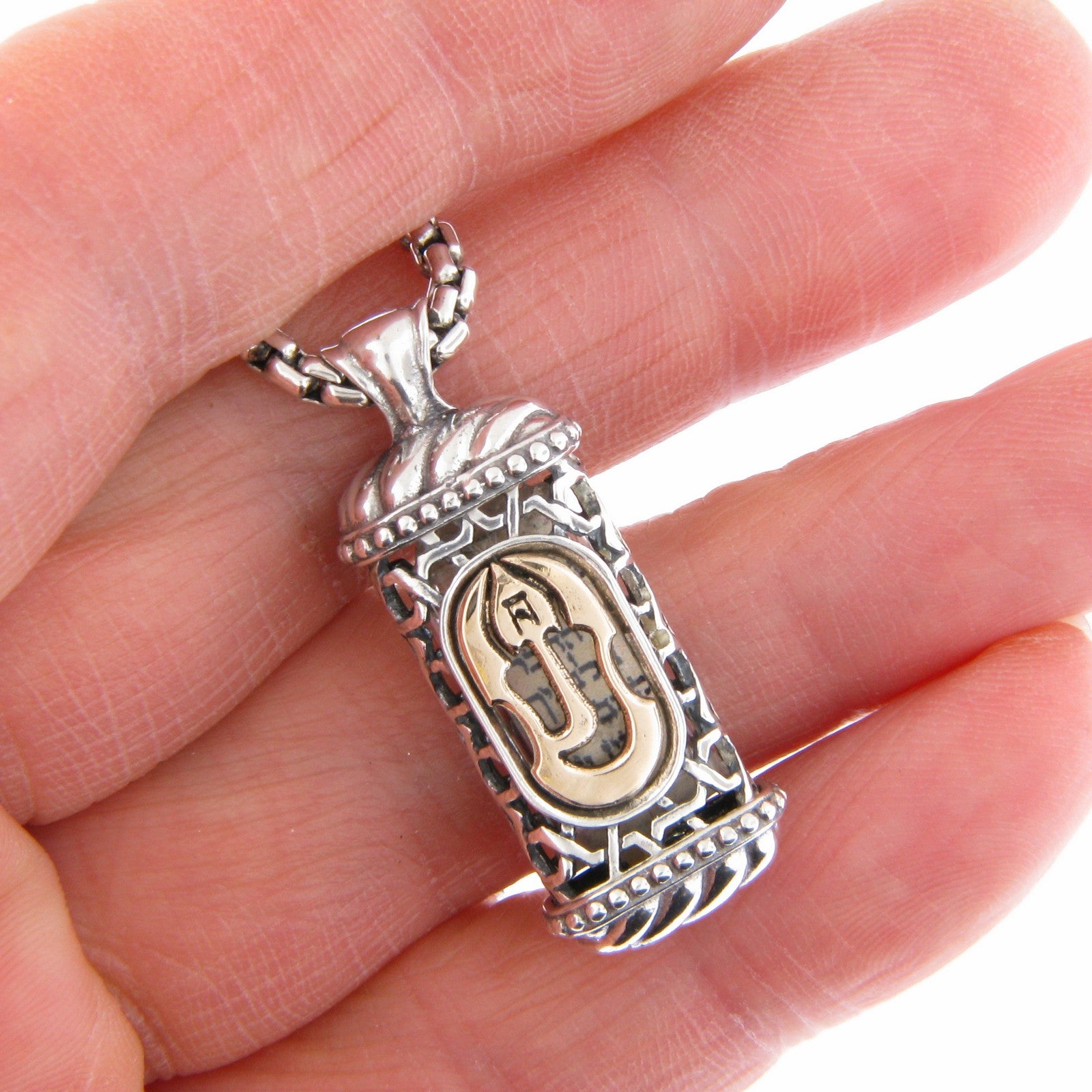 Mezuzah Shin Pendant Necklace Silver 14K gold Shema scroll