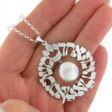 Large Circilar Shema Sh'ma Yisrael Pendant Necklace Silver White Coin Pearl Rolo Chain