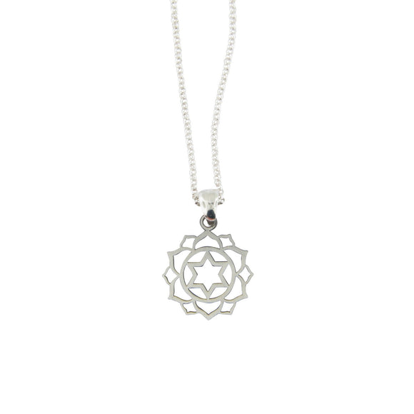 Small Frameless Lotus Star of David Pendant Necklace Silver on Rolo Chain