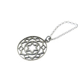 Large Round Frame Lotus Star of David Pendant Necklace Silver on Rolo Chain