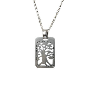 Tree of Life Rectangular Pendant Necklace Silver Rolo Chain